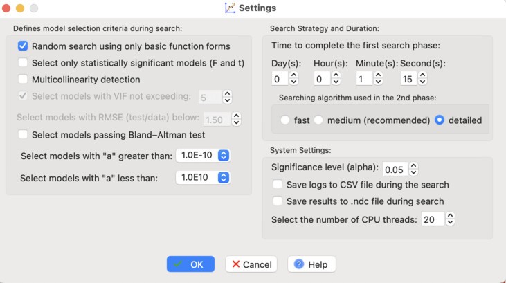 Advanced search settings before nonlinear model optimization