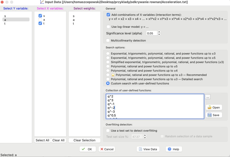 Settings for discovering the acceleration equation from data