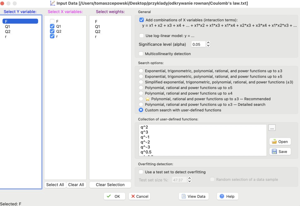 Settings for discovering Coulomb's law from data